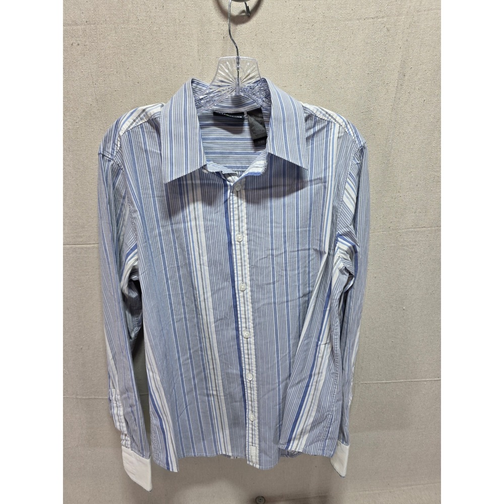 DKNY Jeans Mens Large Blue White Striped Long Sleeve Button Down Shirt Stretch
